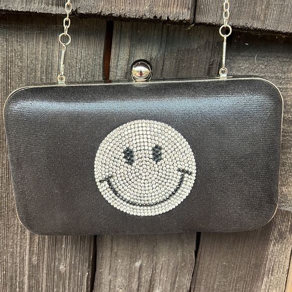 New without Tags, never worn black satin, smiley 😊 face handbag w/ chain. - Picture 9 of 11